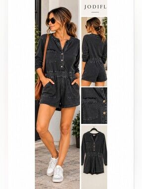 JODIFL Black Washed Romper Size S Long Sleeve Button Front Utility Pockets